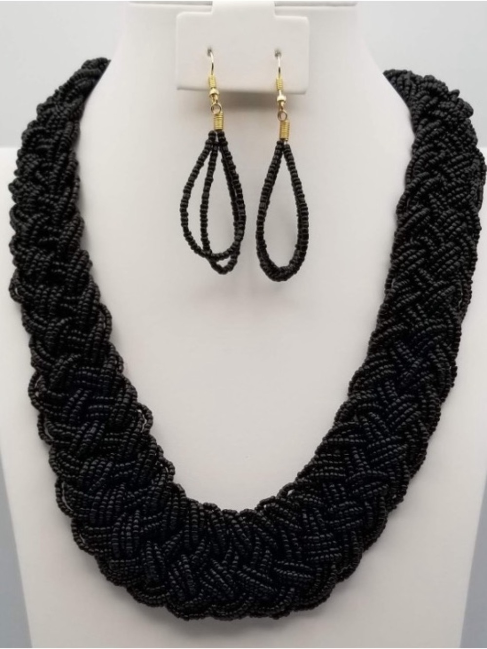 Handcrafted Black Beaded Braided Necklace & Earring Set